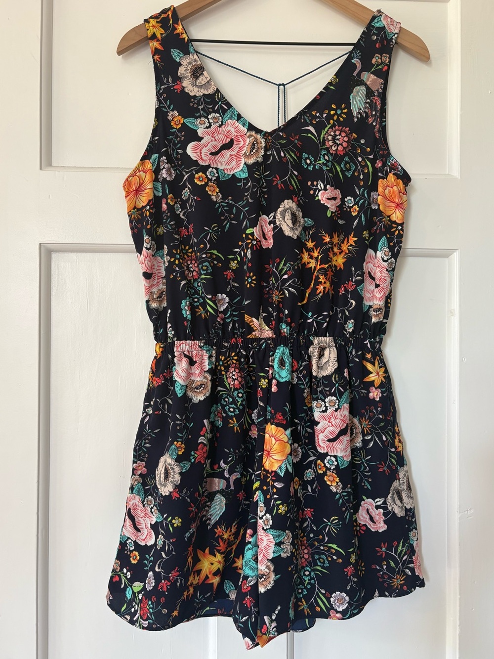 Navy Floral V-Neck Sleeveless Lined Romper Tassel Cottagecore Coastal Festival M